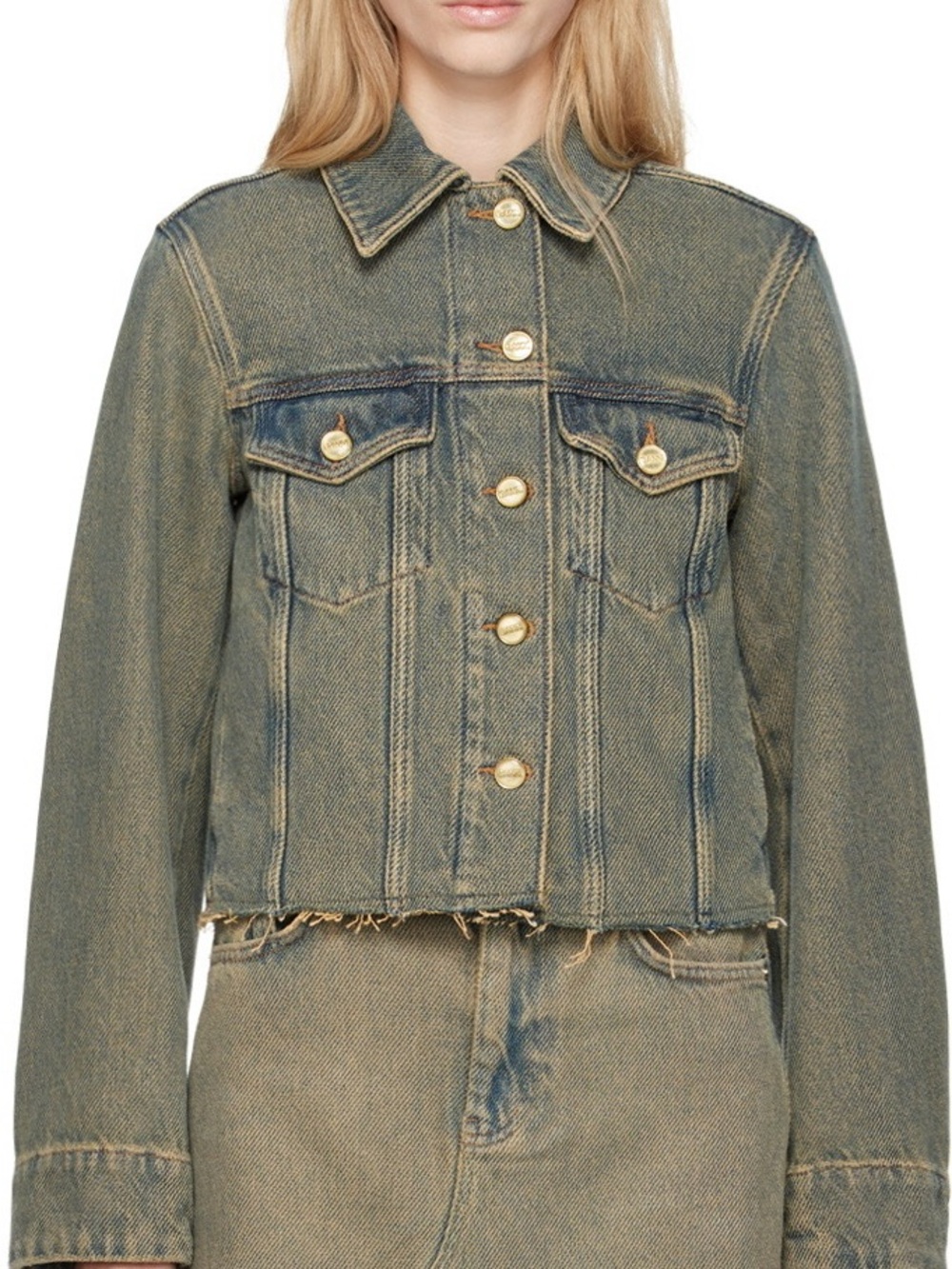 $428 Ganni Distressed Blue Green Denim Jean Jacket Raw Hem Size 36 US 4 XS - S